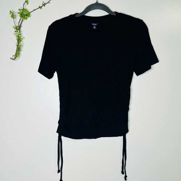 Buffalo David Bitton Black Mini Rib Side String Ruching Crop Tee Shirt - Picture 1 of 7